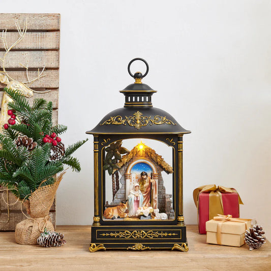 Tabletop Antique Black and Gold Ornate Christmas Nativity Scene Diorama Lighted Lantern Decoration