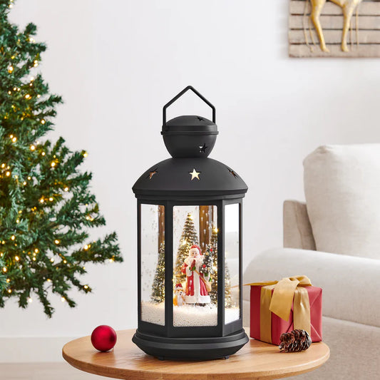 Tabletop Christmas Holiday Winter Scene Falling Snow Musical Snow Globe Diorama Lit Lantern Decoration - Black