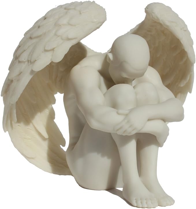 Winged Nude Male Sitting With Arms Holding Over Knees (Marble White)