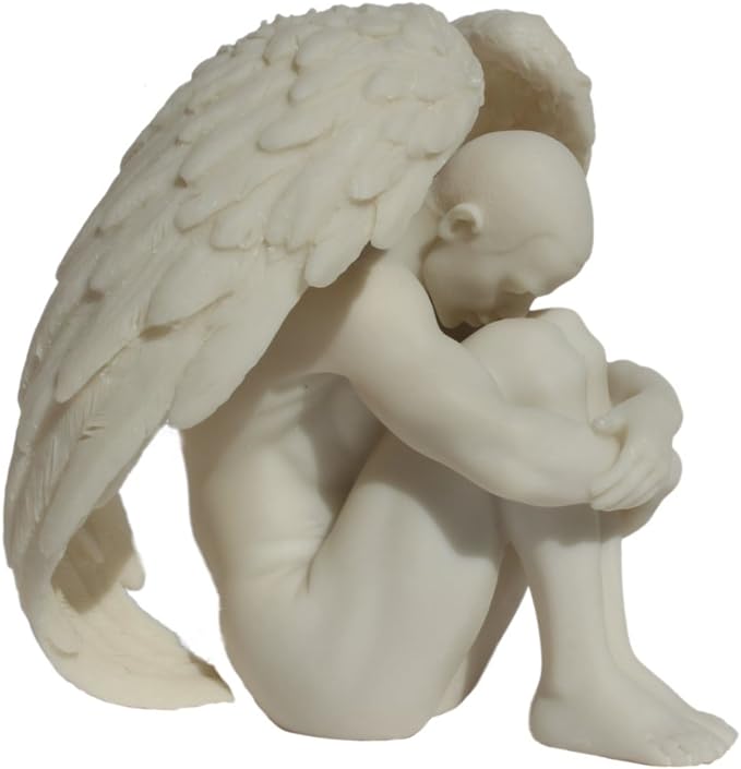 Winged Nude Male Sitting With Arms Holding Over Knees (Marble White)