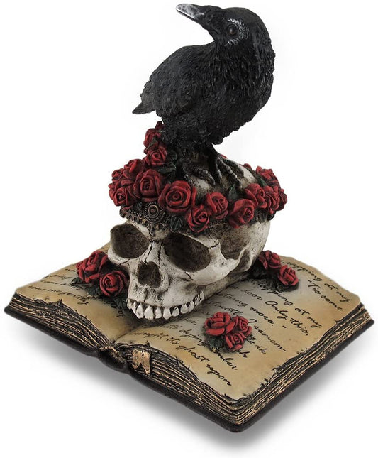 Crow Perching On Skull With Roses On An Open Book