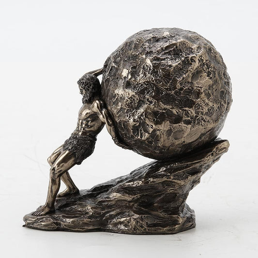 Tall Sisyphus Rolling The Boulder Cold Cast Bronzed Resin Greek Roman Sculpture