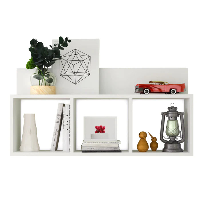 Triple Cubed Floating Shelf with Ledge- Wall Mount Cubbie Shelf  - White