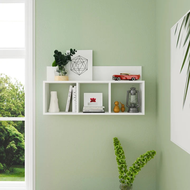 Triple Cubed Floating Shelf with Ledge- Wall Mount Cubbie Shelf  - White