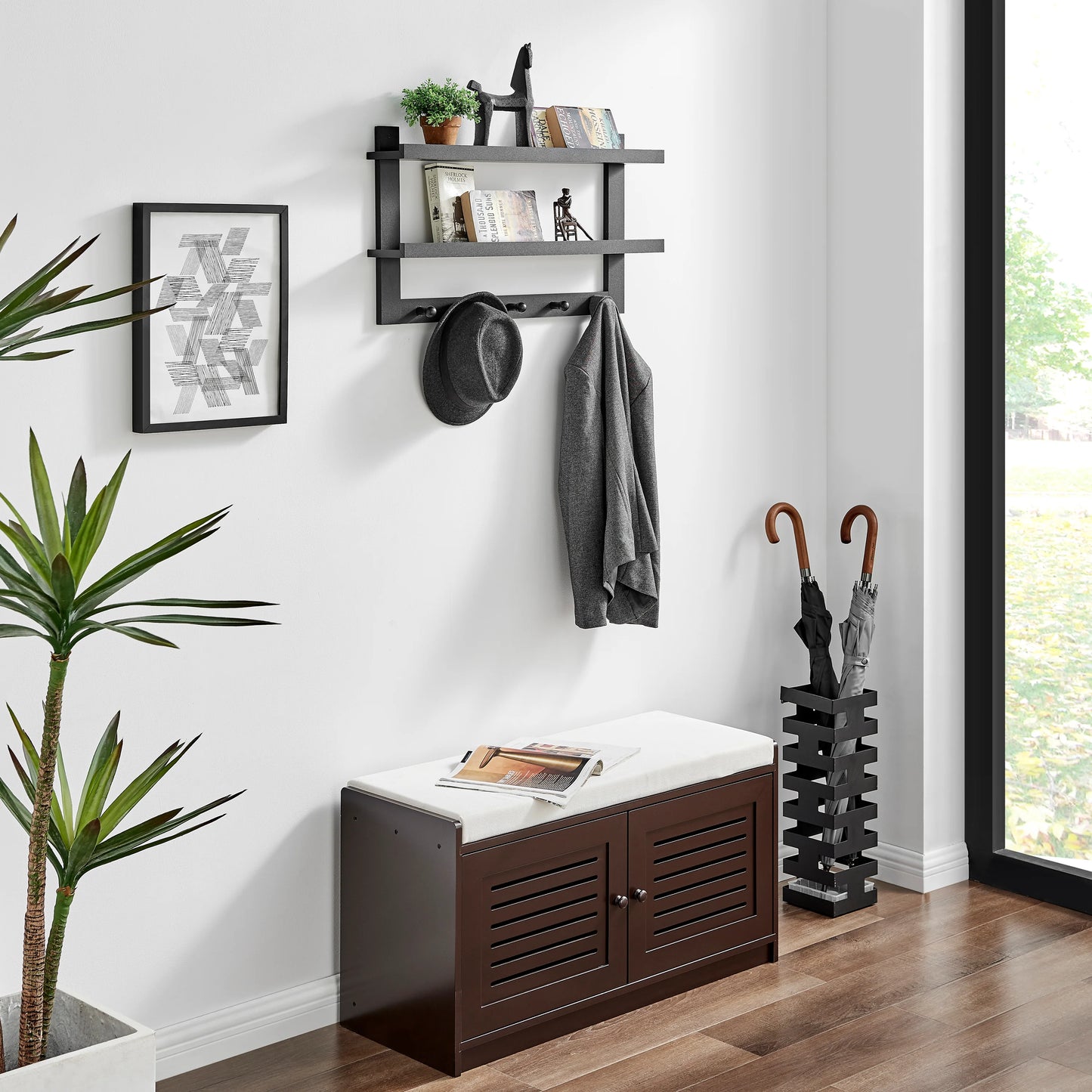 Two-Tier Ledge Shelf Wall Organizer with Five Hanging Hooks