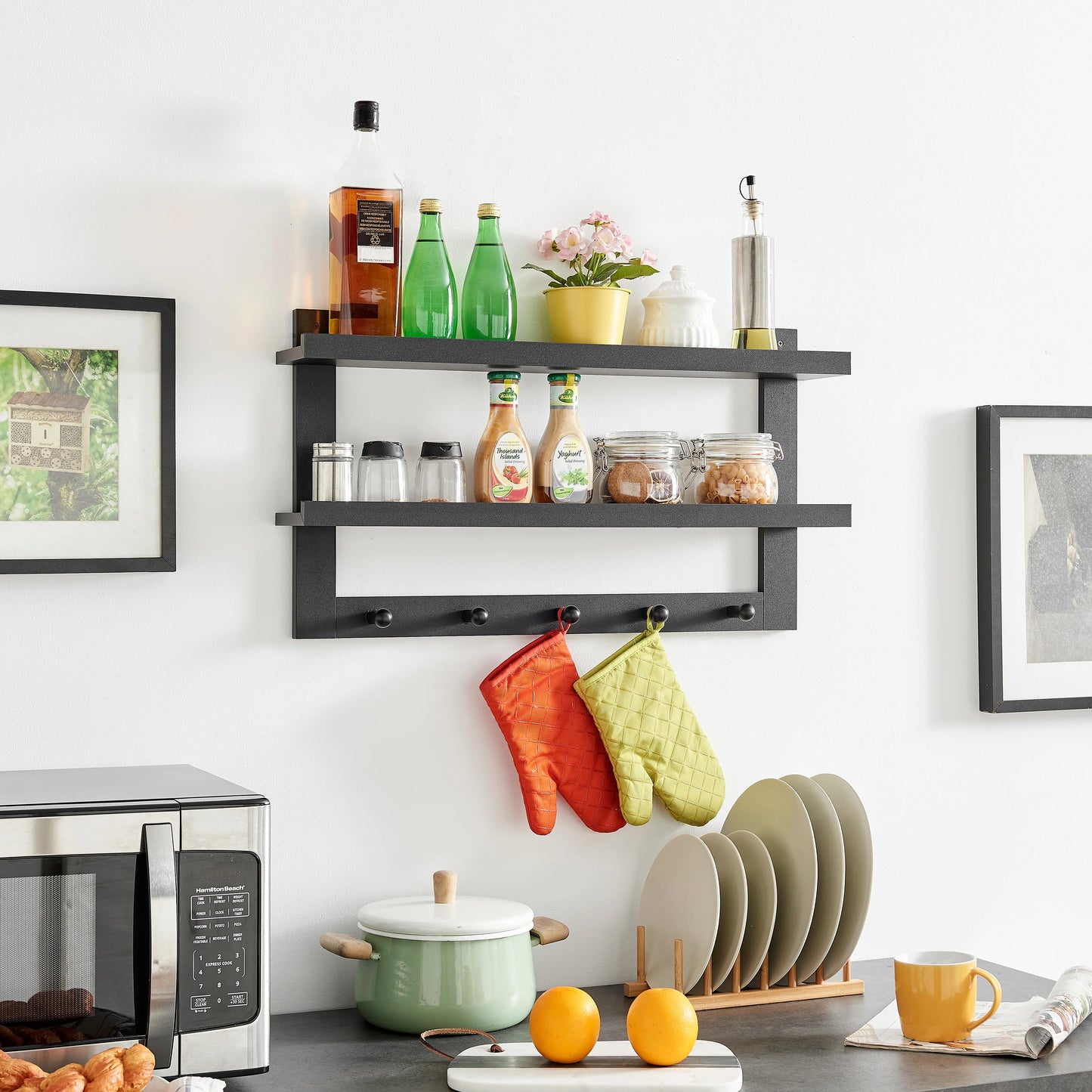 Two-Tier Ledge Shelf Wall Organizer with Five Hanging Hooks