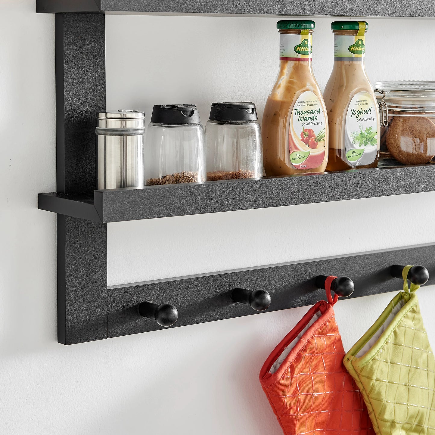 Two-Tier Ledge Shelf Wall Organizer with Five Hanging Hooks