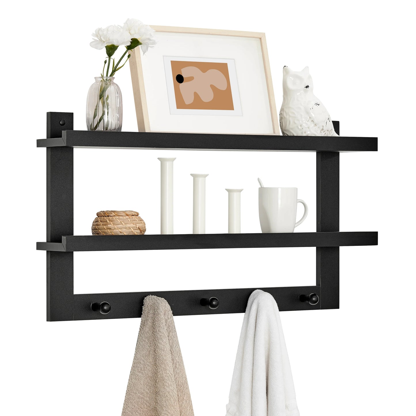 Two-Tier Ledge Shelf Wall Organizer with Five Hanging Hooks