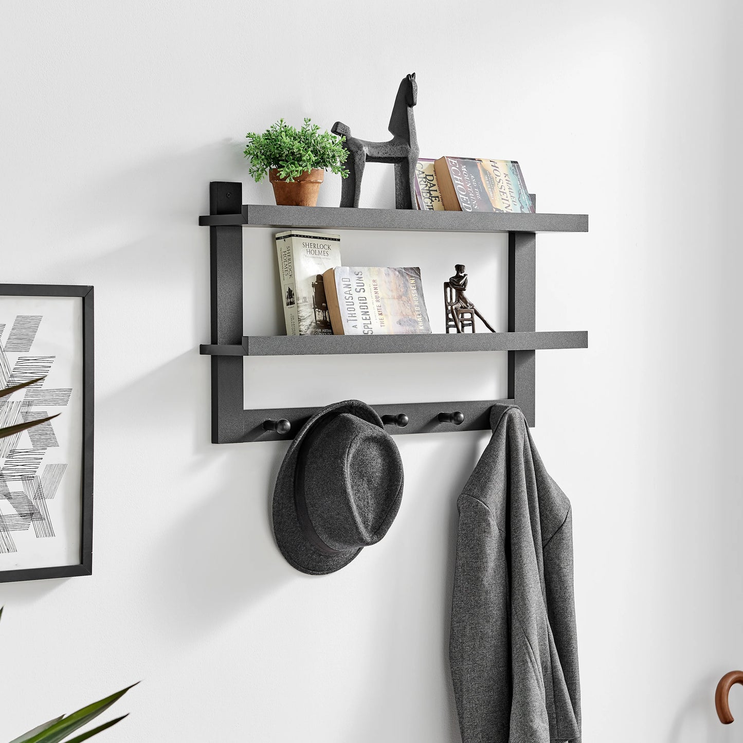 Two-Tier Ledge Shelf Wall Organizer with Five Hanging Hooks