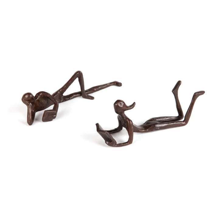 Danya B.   Man and Woman Leisurely Reading a Book Bronze Sculptures – Metal Shelf Décor (2 piece set)