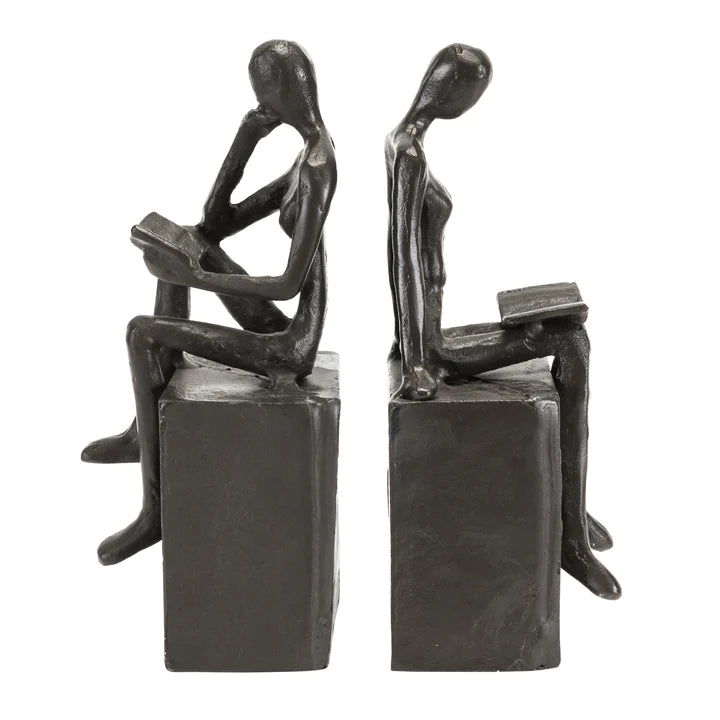 Man and Woman Reading on a Block Cast Iron Bookend Set