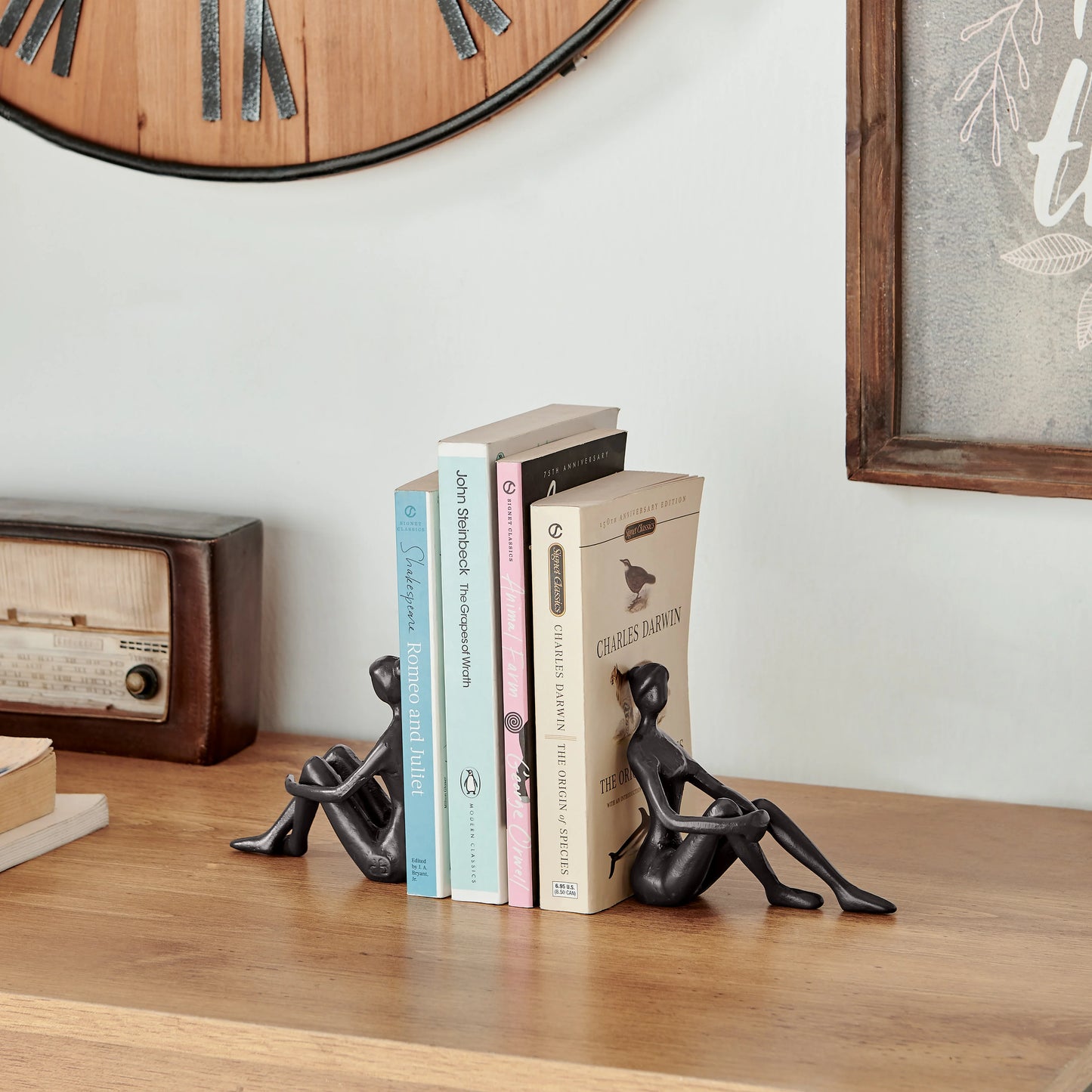 Brown Cast Iron Abstract Sitting Female Sculpture Pair Bookend Set of 2 - Tabletop Figurines For Desks, Accent Tables, or Shelves