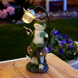 Frog On A Mushroom Solar Statue